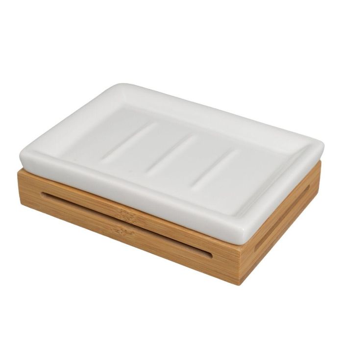 Set de Baño Blanco Natural Cerámica Bambú 25,5 x 7,5 x 23,5 cm 3 Piezas 1