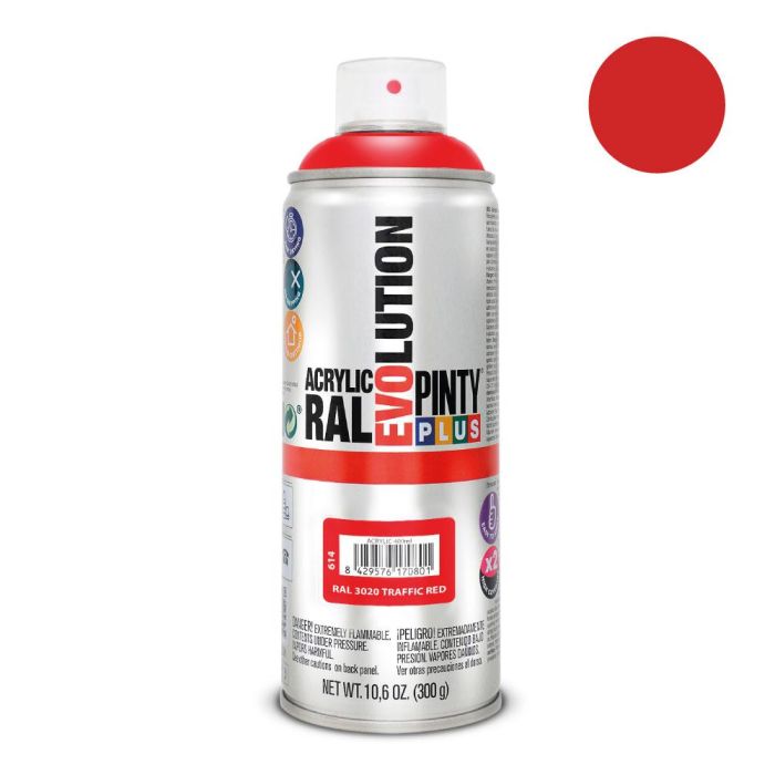 Pinty Plus Pintura acrílica spray 520 cc Ral 3020 Traffic Red Rojo Tráfico 300 g