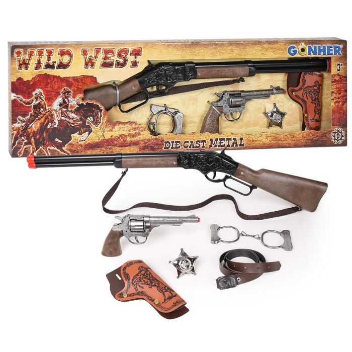 Gonher 498/0 Set de Vaquero Wild West Revolver y Rifle de Metal 8 Tiros para Fulminantes Cartuchera Cinturón Esposas Estrella Sheriff +3 Años 0 Gonher 498/0 Set de Vaquero Wild West Revolver y Rifle de Metal 8 Tiros para Fulminantes Cartuchera Cinturón Esposas Estrella Sheriff +3 Años 0