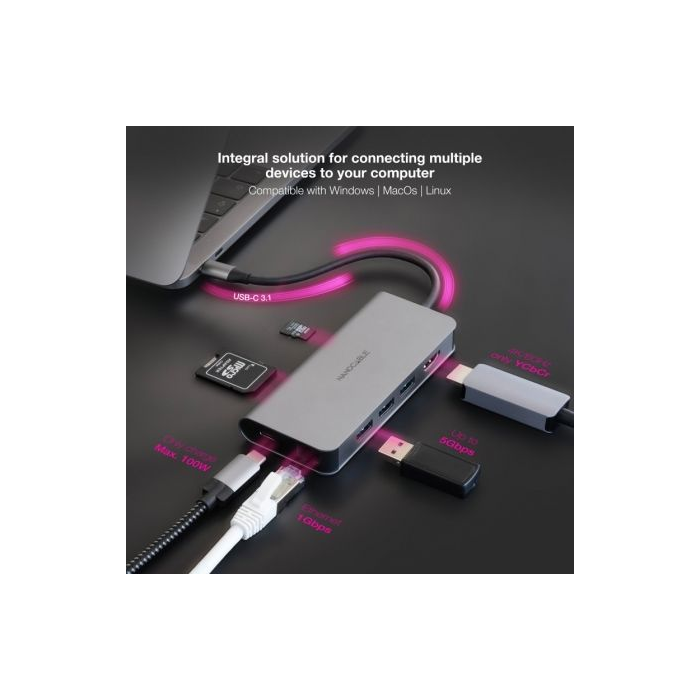 Docking Tipo-C Nanocable 10.16.4609/ 3xUSB/ 1xHDMI 4K/ 1xRJ45/ 1xLector tarjetas/ 1xUSB Tipo-C PD/ Gris 3 Docking Tipo-C Nanocable 10.16.4609/ 3xUSB/ 1xHDMI 4K/ 1xRJ45/ 1xLector tarjetas/ 1xUSB Tipo-C PD/ Gris 3