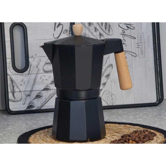 Kinvara Cafetera de Aluminio Negra 6 Tazas con Asa de Madera 16x10x19.5 cm (Set de 12) 4