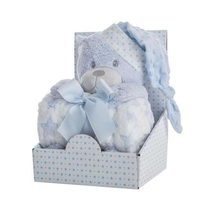Creaciones Llopis Peluche Oso Azul 28 cm con Manta Coralina 100x75 cm en Caja, Poliéster, Modelos Surtidos