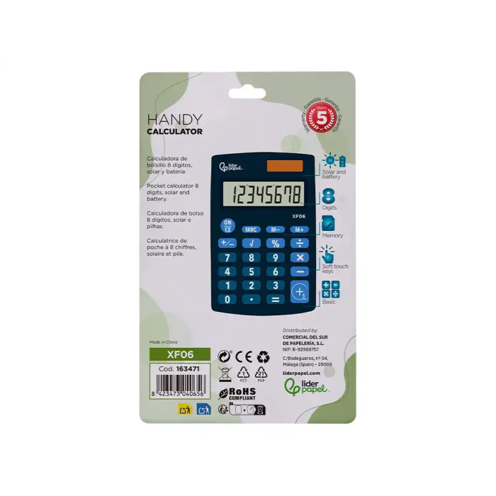 Liderpapel xf06 Calculadora de Bolsillo 8 Dígitos Solar y Pila Color Azul 98x62x8 mm 4