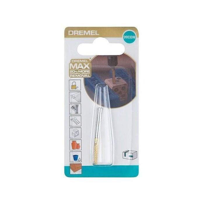 Dremel 9903DM Fresa de carburo de tungsteno Dremel Max de larga duración, punta cónica ø3,2 mm, para grabar, con recubrimiento 1 Dremel 9903DM Fresa de carburo de tungsteno Dremel Max de larga duración, punta cónica ø3,2 mm, para grabar, con recubrimiento 1