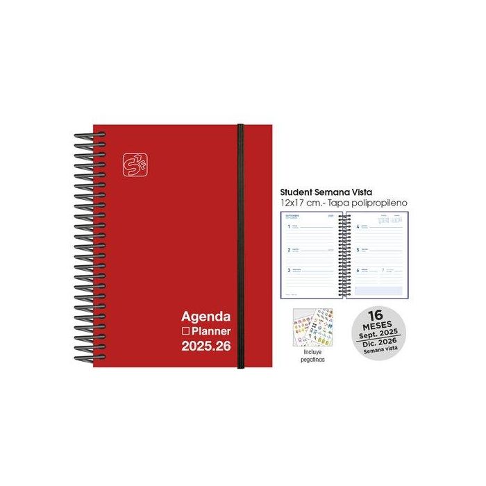 Agenda Anual (2025-26) Senfort 16 Meses Student Unicolor Espiral Tapa Pp Con Goma 120X170 S/V Rojo
