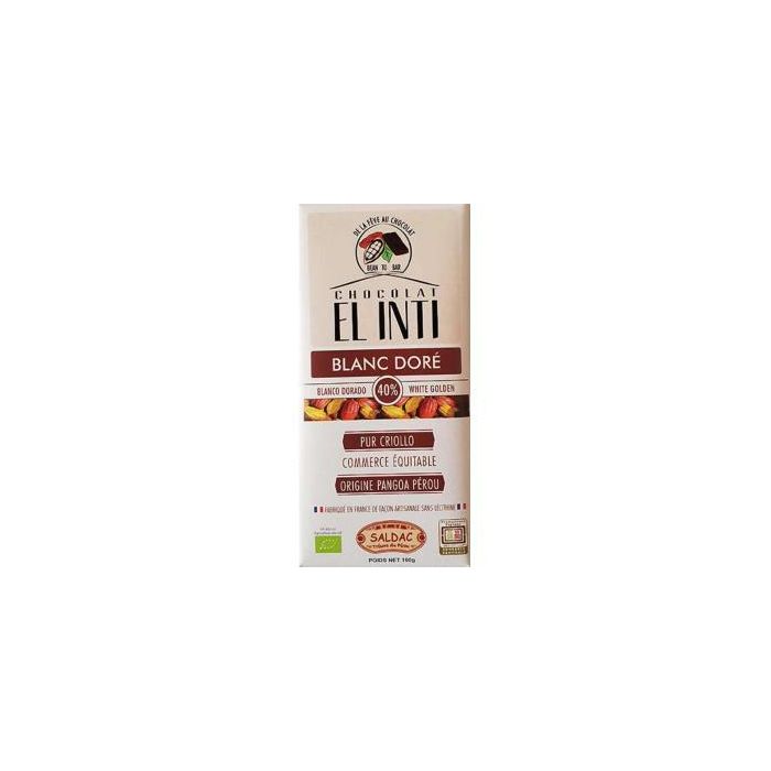 SALDAC Chocolate Blanco Dorado 40% Cacao Eco, Vegano y Sin Gluten, 100g
