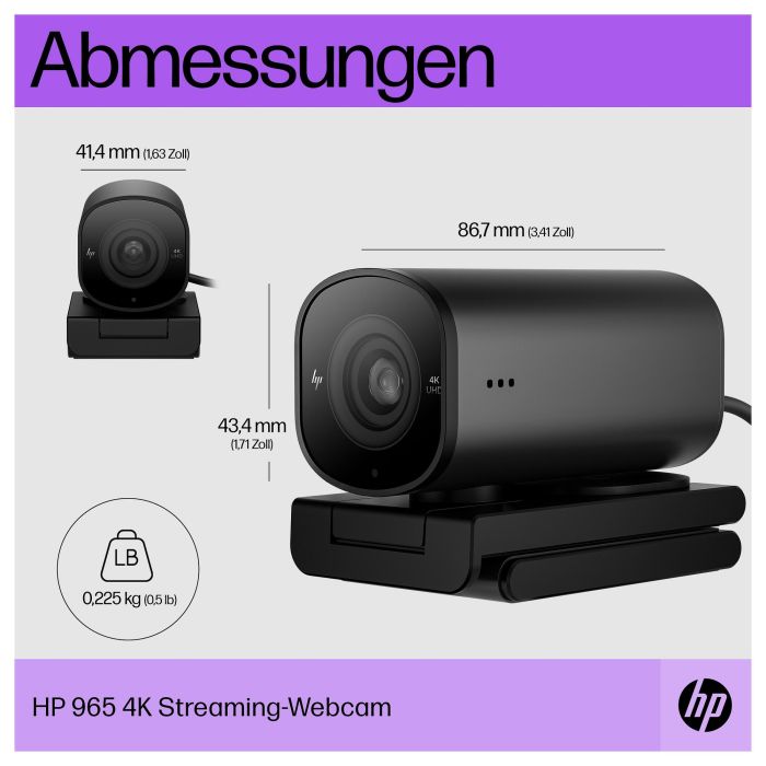 HP 965 Cámara Web Streaming 4K 8 MP, 3840 x 2160 Pixeles, USB 10