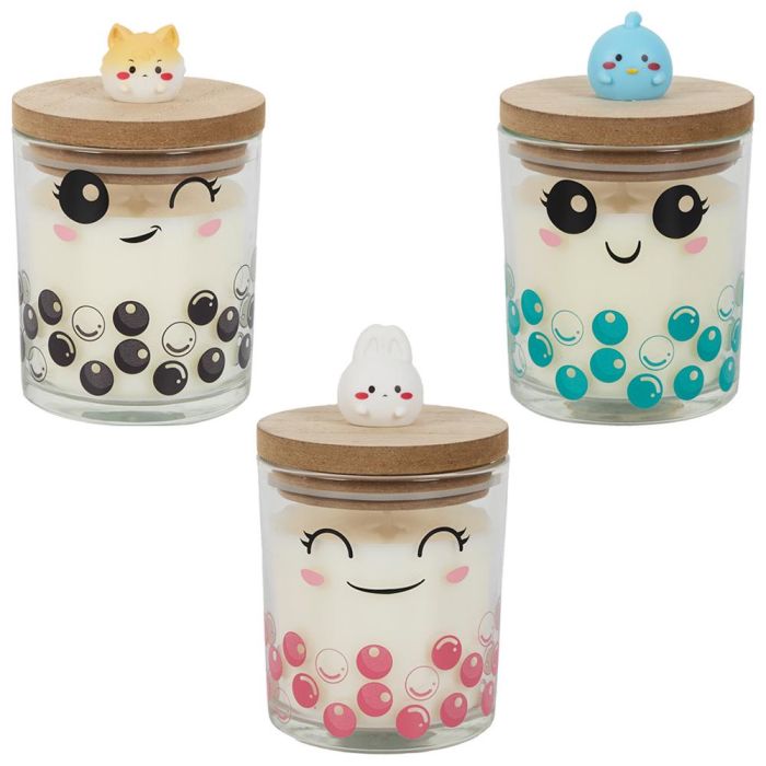 The Concept Factory Vela Perfumada Kawaii Vaso Vidrio Tapa Madera Rosa Frambuesa Azul Algodón de Azúcar Negro Vainilla Malvavisco 120g 25h 2