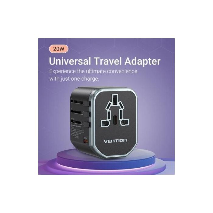 Vention FJCB0 Adaptador de Pared Universal para Viaje 3 Puertos USB (1xUSB-C + 2xUSB-A) 20W Carga Rápida EU UK US AU China Negro 2 Vention FJCB0 Adaptador de Pared Universal para Viaje 3 Puertos USB (1xUSB-C + 2xUSB-A) 20W Carga Rápida EU UK US AU China Negro 2