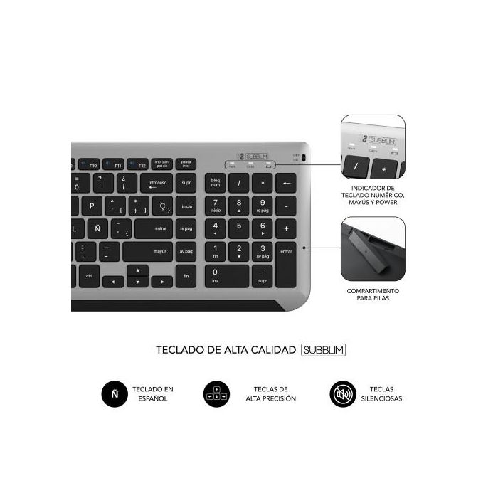 SUBBLIM Teclado con Ratón Bluetooth + 2.4G Combo Dual Prestige Extendido Gris/Negro 5