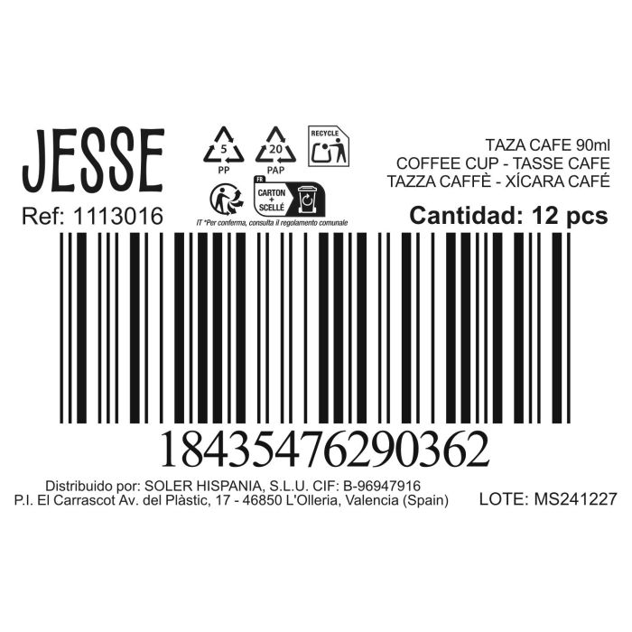 Taza de Café Jesse 90 ml - Surtido 3 Colores - Inde (96 Unidades) 1 Taza de Café Jesse 90 ml - Surtido 3 Colores - Inde (96 Unidades) 1