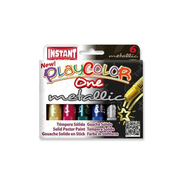 Playcolor Témperas Sólidas Metallic One Barra 10 gr - Estuche de 6 Colores Metálicos - No Arruga el Papel, Uso Escolar