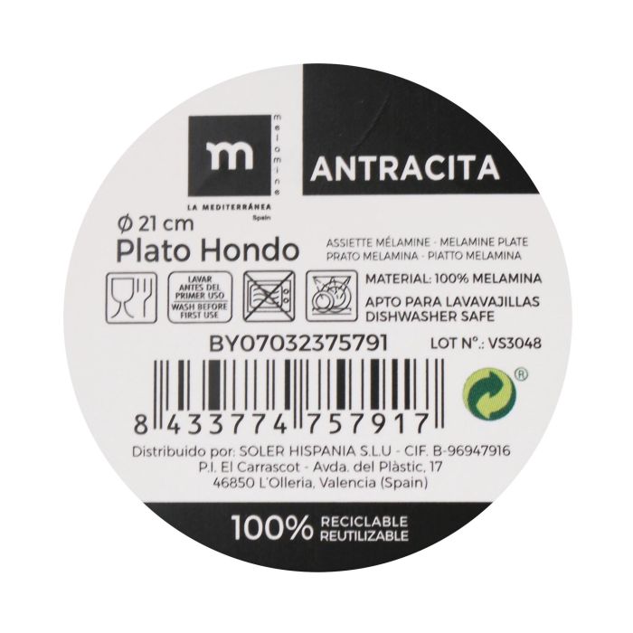 La Mediterranea Plato Hondo Melamina Antracita 21 x 5.3 cm (24 Unidades) La Mediterranea Plato Hondo Melamina Antracita 21 x 5.3 cm (24 Unidades)