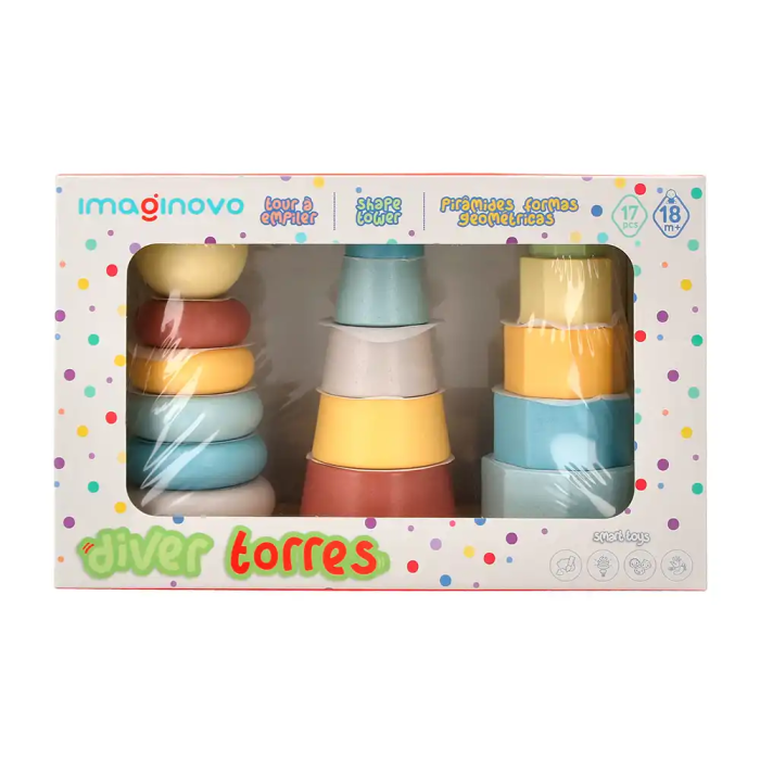 Imaginovo Torre de Formas Apilables Madera Infantil +18 Meses 17 Piezas 28x20x9cm Juguete Educativo 5