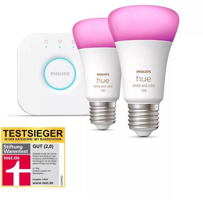 Philips Hue E27 2er Starter Set White & Color Ambiance Kit de Inicio Iluminación Inteligente LED Blanco Multi Color 1100lm 3