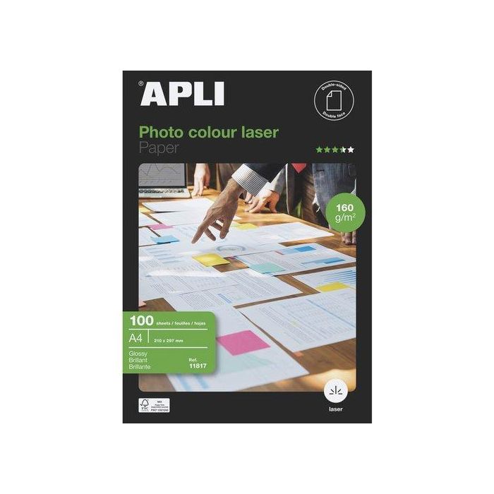 Apli Papel Fotográfico A4 160 gr Doble Cara Blanco Brillo Láser Paquete 100 Hojas