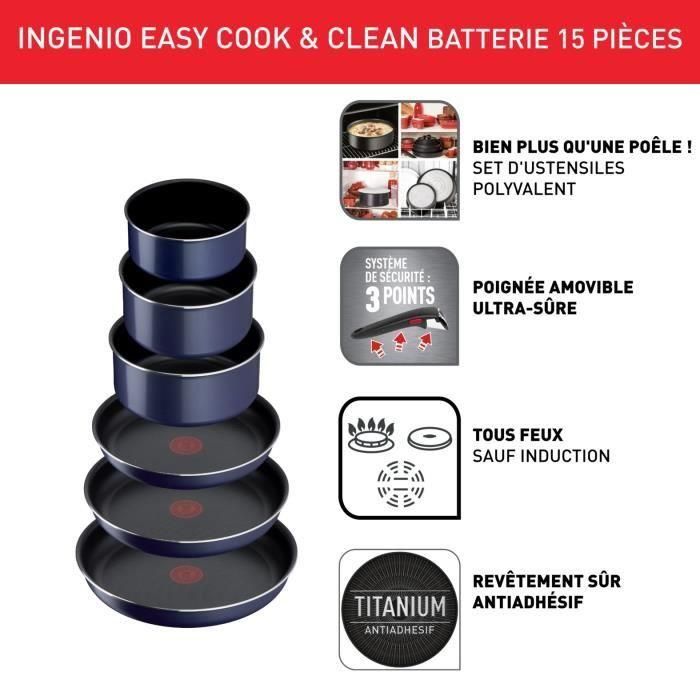 TEFAL INGENIO Easy Cook & Clean Set 15 piezas, Sartén, Cazuela, No inducción, Recubrimiento antiadherente, Hecho en Francia L1579502 1