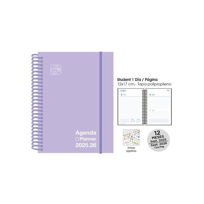 Agenda Escolar (2025-26) Senfort Student Unicolor Espiral Tapa Pp Con Goma 120X170 D/P Pastel Lila