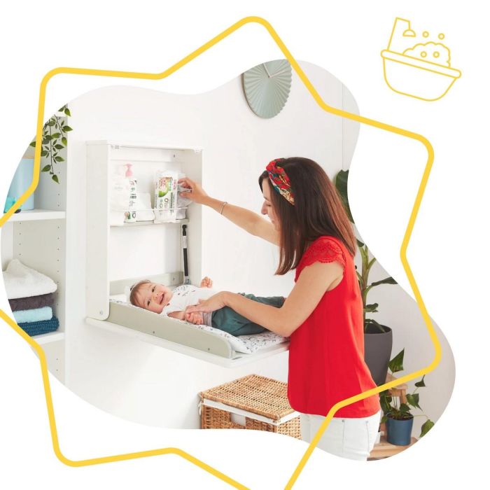 Badabulle Cambiador de Pared Plouf Plegable y Compacto con Cambiador Incluido, Apertura Una Mano y Estante Almacenamiento, 13cm Grosor 6