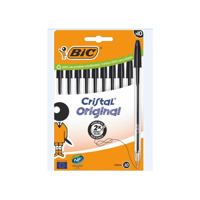 BIC 516353 Bolígrafo Cristal Tinta Negra Cuerpo Transparente Trazo 0,4mm Punta Media Blíster 10 Unidades