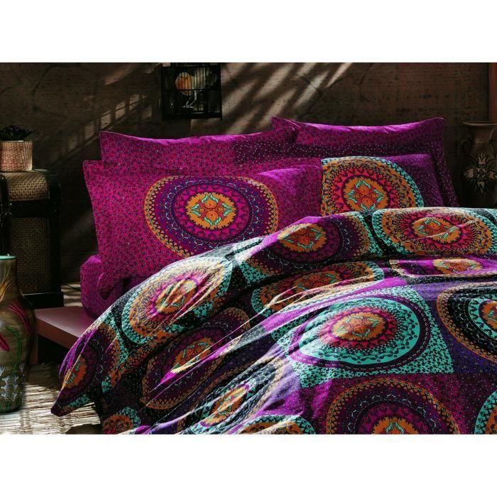 Juego de cama - 1 funda nórdica 220x240 cm + 2 fundas de almohada 60x60 cm - 100% algodón - Fucsia 1 Juego de cama - 1 funda nórdica 220x240 cm + 2 fundas de almohada 60x60 cm - 100% algodón - Fucsia 1