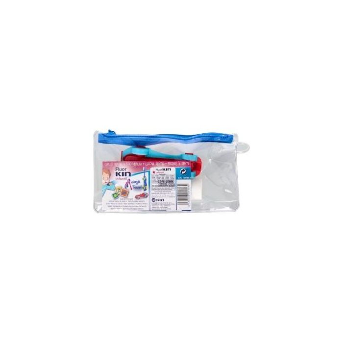Kin FLUORKIN Infantil Set Cuidado Dental Niños 1-6 Años para Viaje: Cepillo Coche, Pasta 25ml y Neceser (3 Piezas)