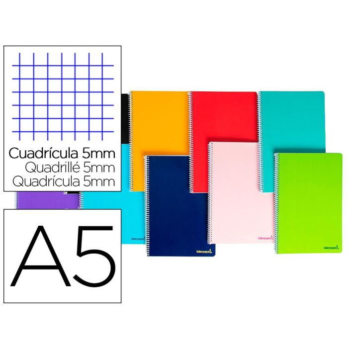 Cuaderno Espiral Liderpapel A5 Micro Smart Tapa Blanda 80H60 gr Cuadro 5 mm 6 Taladros Colores Surtidos 10 unidades