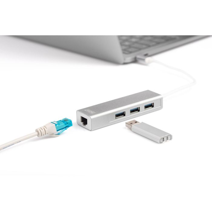 Digitus Adaptador USB 3.0/C a Gigabit Ethernet y Hub de 3 Puertos USB 3.2 Gen 1 Blanco 3