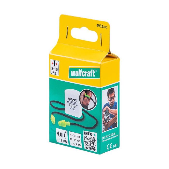 Wolfcraft 4962000 Tapones de Protección Auditiva con Cordón y Estuche (CE), Reutilizables, SNR 33 dB, para Maquinaria Pesada 2