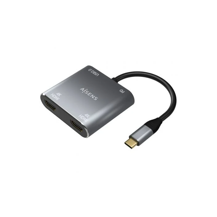 AISENS - CONVERSOR USB-C A 2xHDMI 4K SST MST/USB2.0/USB-C PD 60W, USB-C/M-2xHDMI/H-USB-A/H-USB-C/H, GRIS, 15CM