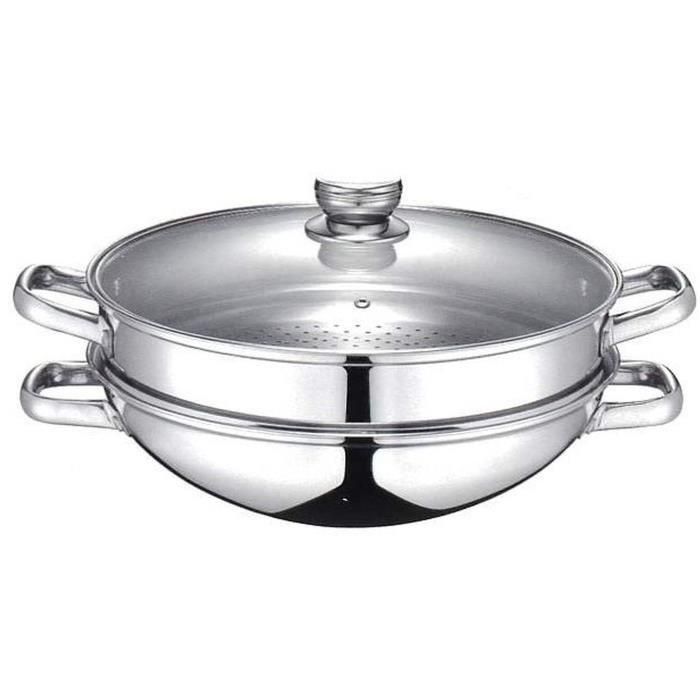 Baumalu Wok 2 en 1 con Cestillo Vapor y Recipiente, 32 cm Acero Inoxidable, Tapa Cristal, Todo tipo de fuegos e Inducción