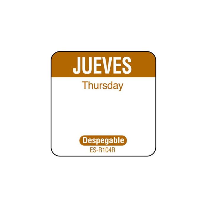 NCCO SR104R - Rollo de 1000 etiquetas despegables para rotación de inventario "JUEVES" - 2,5 x 2,5 cm - Blanco y marrón - Venta 1 unidad.