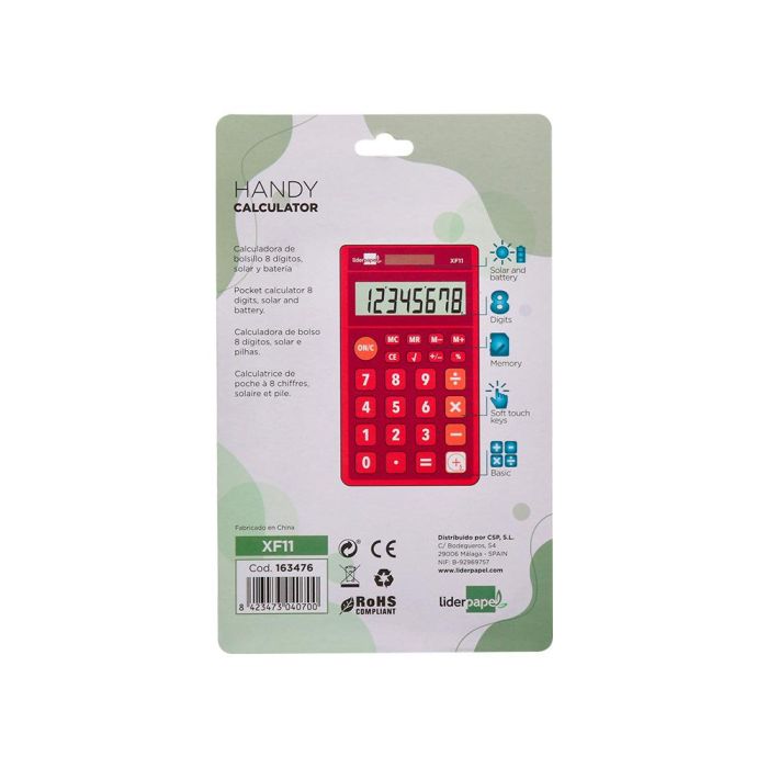 Calculadora Liderpapel Bolsillo Xf11 8 Digitos Solar Y Pilas Color Rojo 115x65x8 mm 4