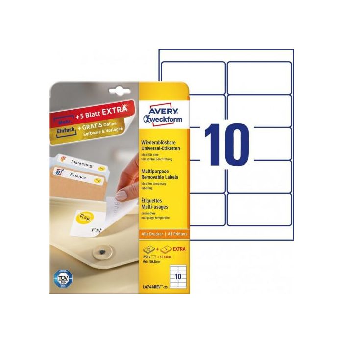 Avery Etiquetas Adhesivas Removibles 96x50,8 mm Inkjet-Láser 10 X 25H Blanco