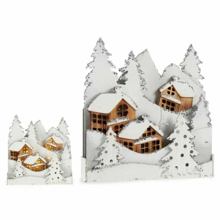 Figura Decorativa Luz Pueblo Blanco Marrón Madera 44 x 48 x 7,5 cm (4 Unidades) 1