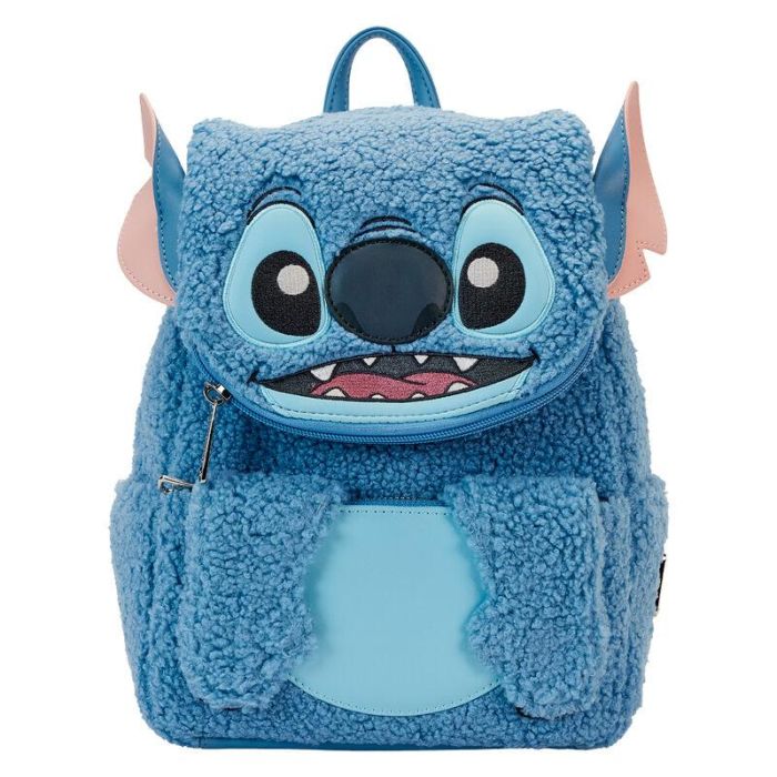 Loungefly Mochila peluche Stitch Disney 26cm Herrajes metálicos plateados Tejido sherpa Correas ajustables Piel vegana