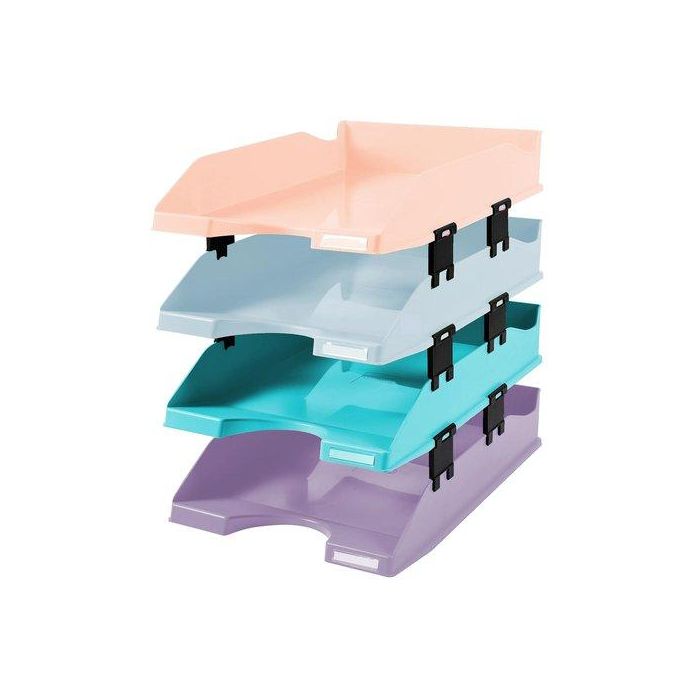 Exacompta Bandeja Sobremesa Aquarel Plástico - Set de 4 Bandejas Combo Midi Apilables Colores Pastel para Documentos A4+