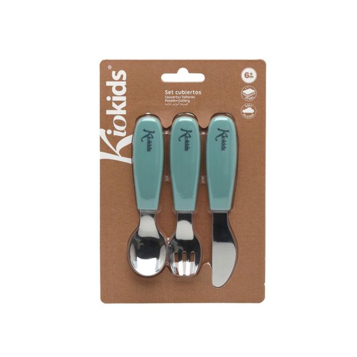 KioKids Set Cubiertos Infantiles Acero Inoxidable Y Silicona Verde Salvia +6 Meses 4