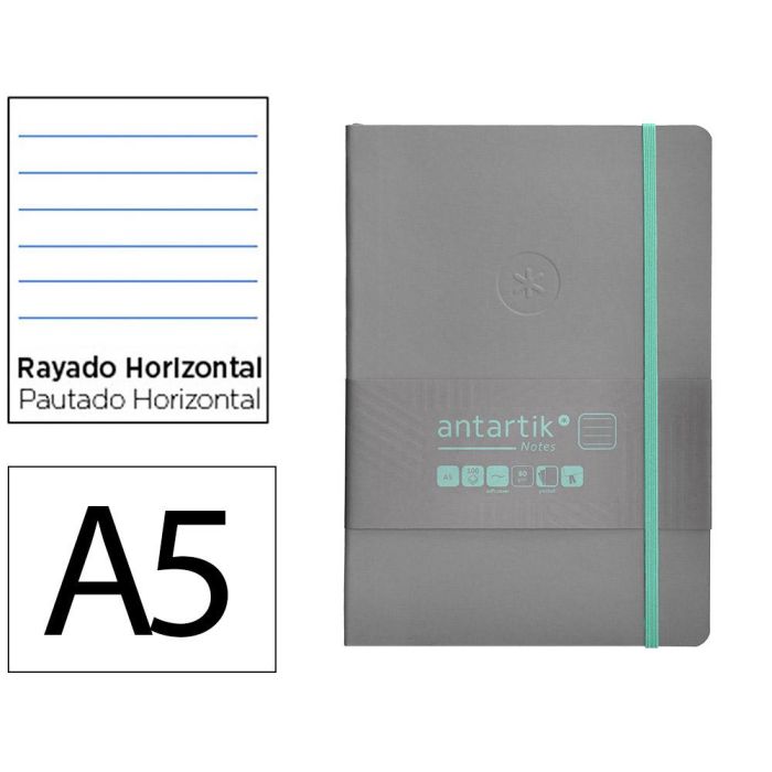 Cuaderno Con Gomilla Antartik Notes Tapa Blanda A5 Hojas Rayas Gris Y Turquesa 80 Hojas 80 gr Fsc