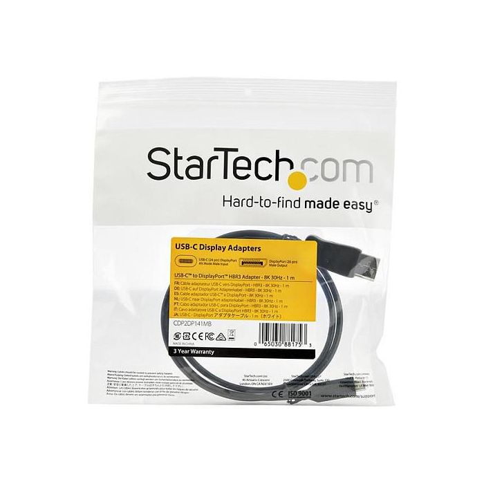 StarTech.com Cable Adaptador USB-C a DisplayPort 8K 30 Hz, 1m, Modelo CDP2DP141MB, HDR, DisplayPort 1.4, Thunderbolt 3, Compatible con HBR3 4