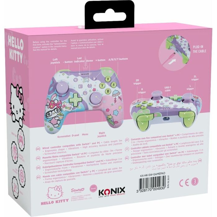 Konix Mando con Cable para Nintendo Switch, Switch OLED y PC - Hello Kitty - Vibración - Cable 3m - Morado y Rosa 1