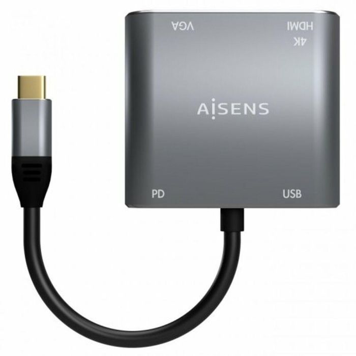 AISENS - CONVERSOR USB-C A VGA/HDMI 4K/USB3.0/USB-C PD, USB-C/M-VGA/H-HDMI/H-USB-A/H-USB-C/H, GRIS, 15CM 3