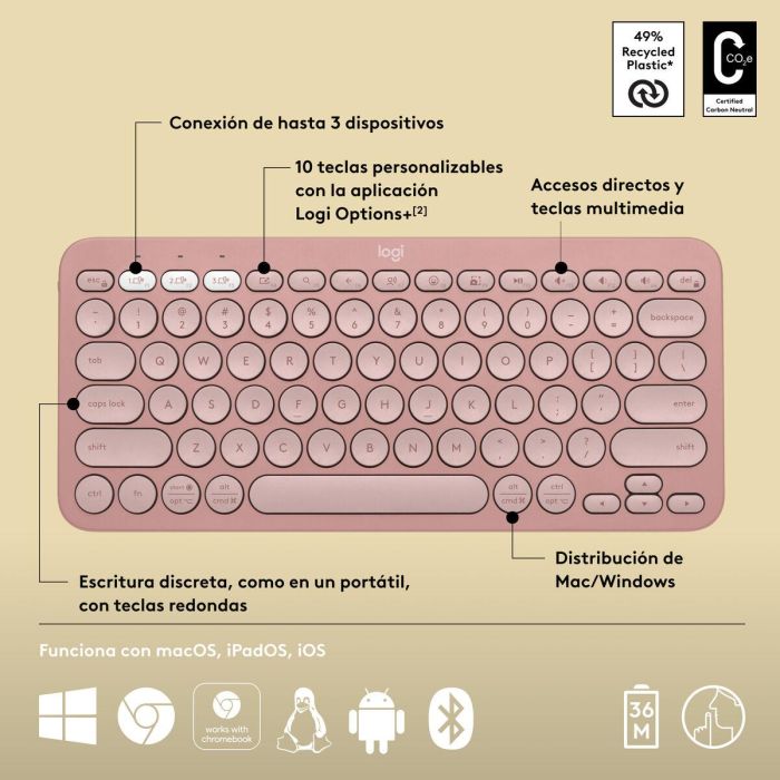 Teclado Inalámbrico Logitech K380s Rosa Qwerty Español 1