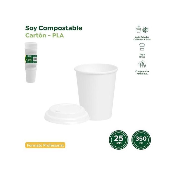 Maxi Products Vaso de Cartón 350cc con Tapa Drink Blanco - Apto Frío/Calor, Compostable - Pack de 25 Unidades