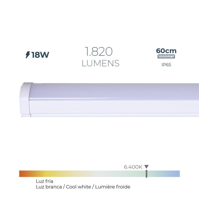 Regleta led 18 W 6.400 k luz fría 1.820 lm 60 x 4,6 x 5,1 cm Regleta led 18 W 6.400 k luz fría 1.820 lm 60 x 4,6 x 5,1 cm