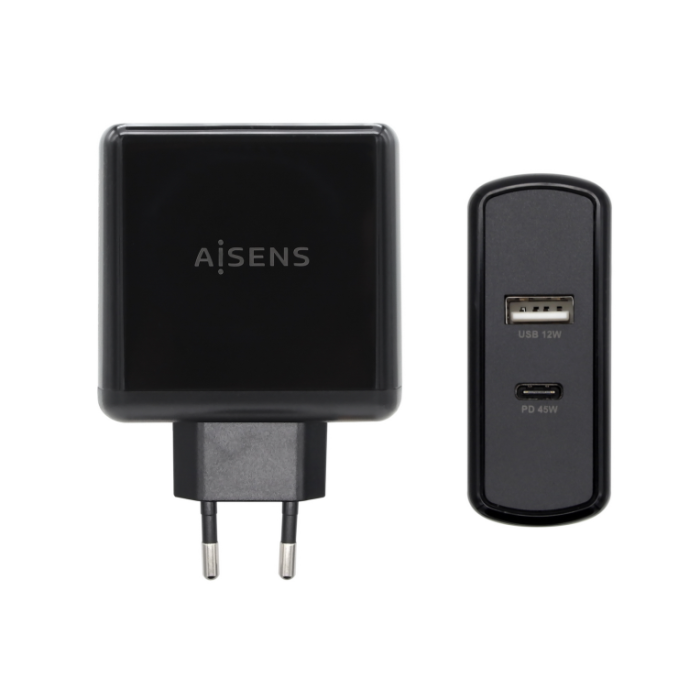 Aisens Cargador USB-C 57W con Puertos USB-C PD3.0 45W y USB-A 5V 2.4A, Negro - Diseño Elegante y Seguro