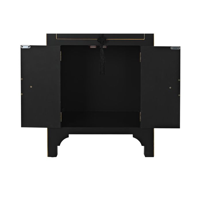 DKD Home Decor Mesita de Noche Oriental Masako, con 1 Cajón y 2 Puertas, de Abeto y MDF, Negro Blanco Dorado, 36x66x45 cm 5