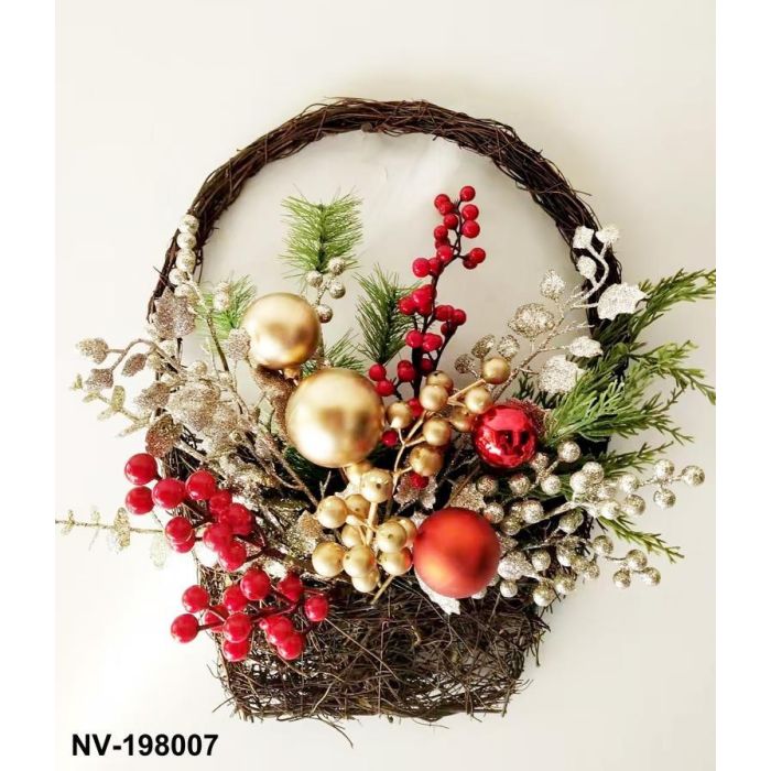 DKD Home Decor Decoración Pared Navidad Moderna con Cesta Muérdago de PVC y Ratán Colores Rojo Dorado 40x30x10 cm