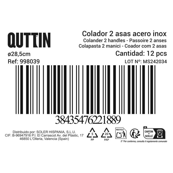 Quttin Colador de Acero Inoxidable con 2 Asas, Diámetro de 28.5 cm, Ideal para Escurrir Alimentos y Pasta en Cocina (12 Unidades) 4