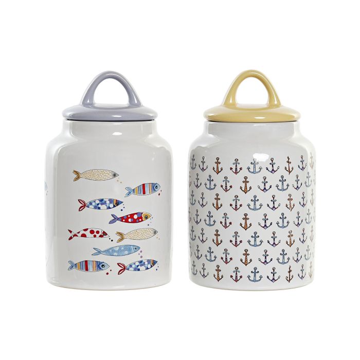 DKD Home Decor Bote Mediterráneo de Gres (2 Unidades) 2L apto microondas y lavavajillas, Multicolor Blanco 11x19x11 cm DKD Home Decor Bote Mediterráneo de Gres (2 Unidades) 2L apto microondas y lavavajillas, Multicolor Blanco 11x19x11 cm